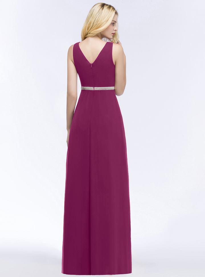 A-line V-Neck Ruched Chiffon Floor-Length Dress with Beading Sash-koscy