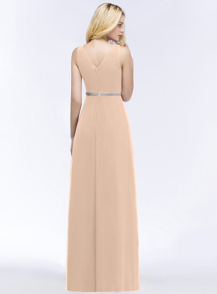 A-line V-Neck Ruched Chiffon Floor-Length Dress with Beading Sash-koscy