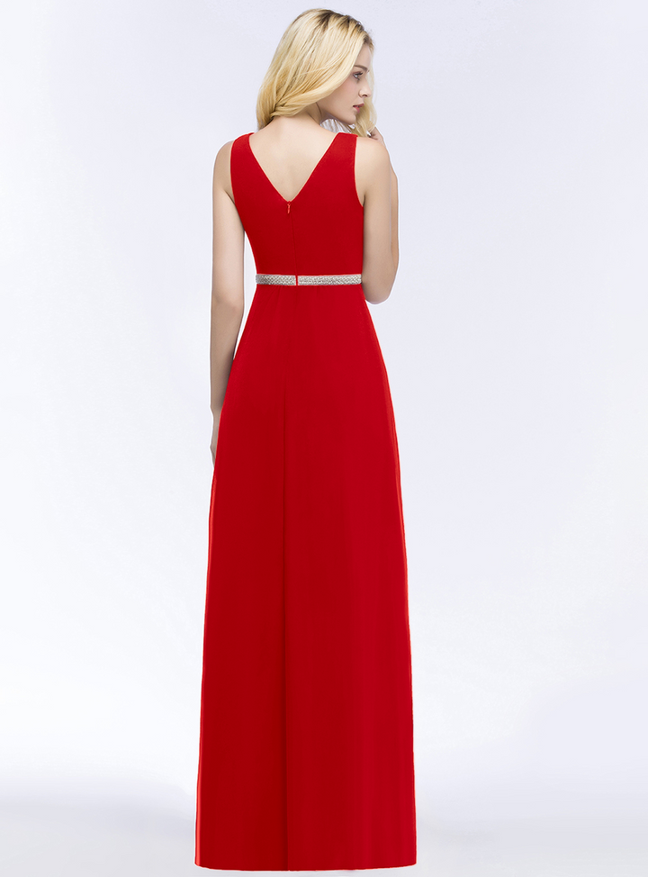 A-line V-Neck Ruched Chiffon Floor-Length Dress with Beading Sash-koscy