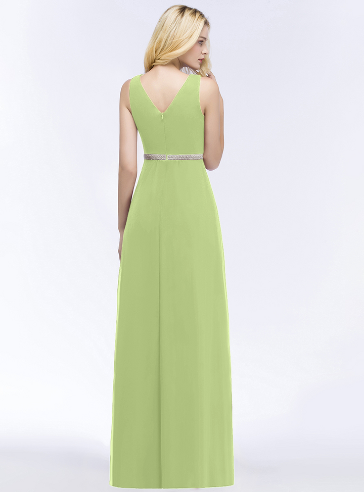 A-line V-Neck Ruched Chiffon Floor-Length Dress with Beading Sash-koscy