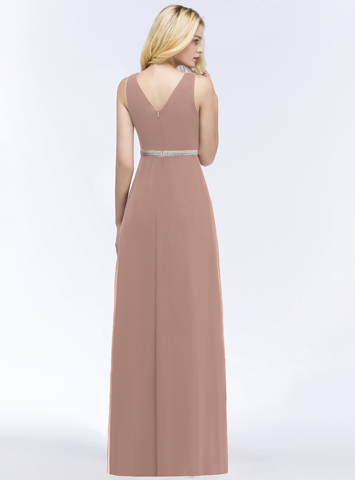 A-line V-Neck Ruched Chiffon Floor-Length Dress with Beading Sash-koscy