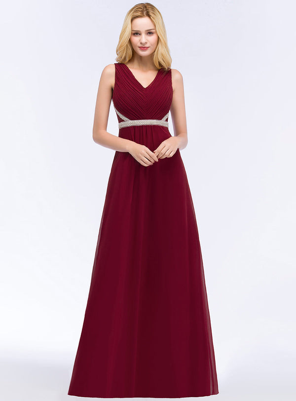 A-line V-Neck Ruched Chiffon Floor-Length Dress with Beading Sash-koscy