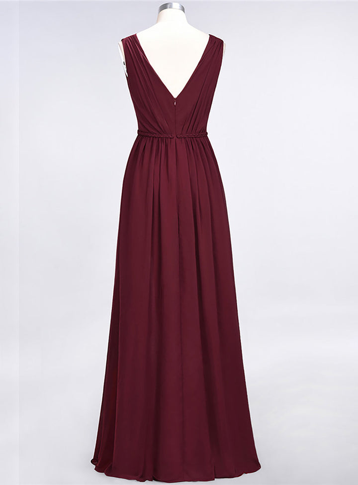 A-line V-Neck Ruched Chiffon Floor-Length Dress with Front Slit-koscy