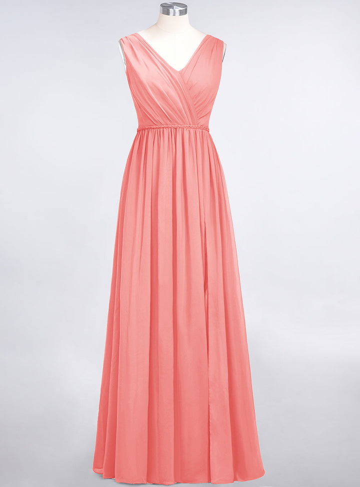 A-line V-Neck Ruched Chiffon Floor-Length Dress with Front Slit-koscy