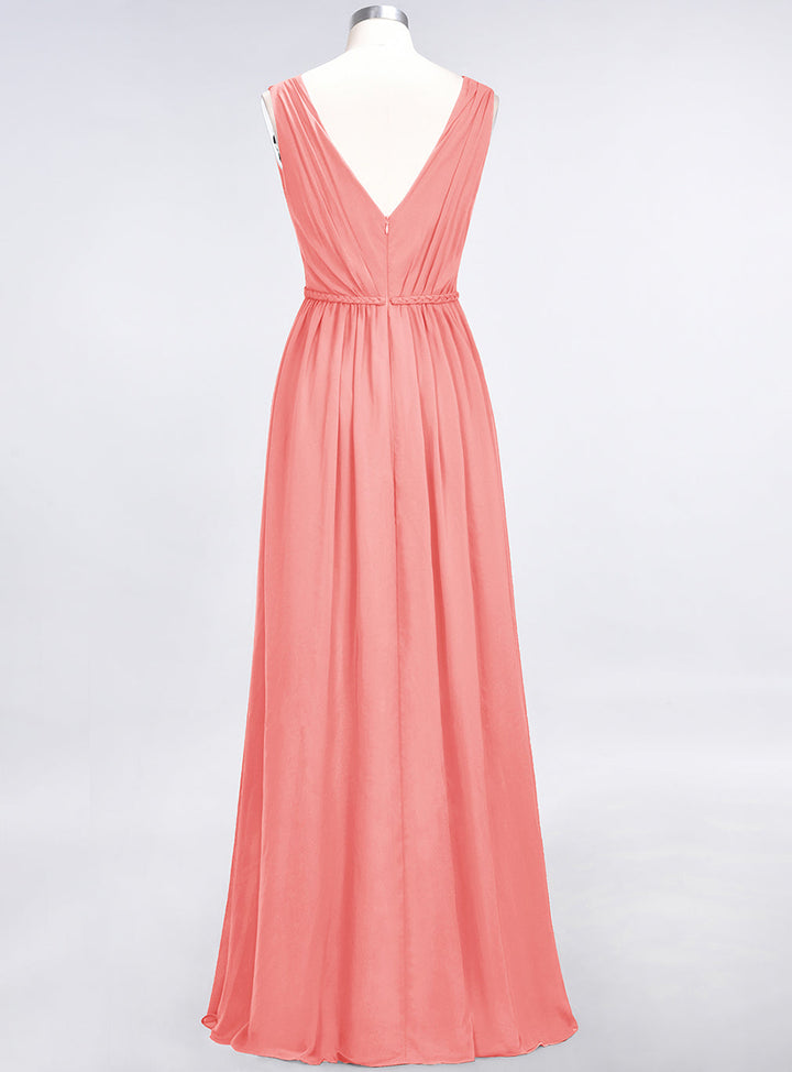 A-line V-Neck Ruched Chiffon Floor-Length Dress with Front Slit-koscy