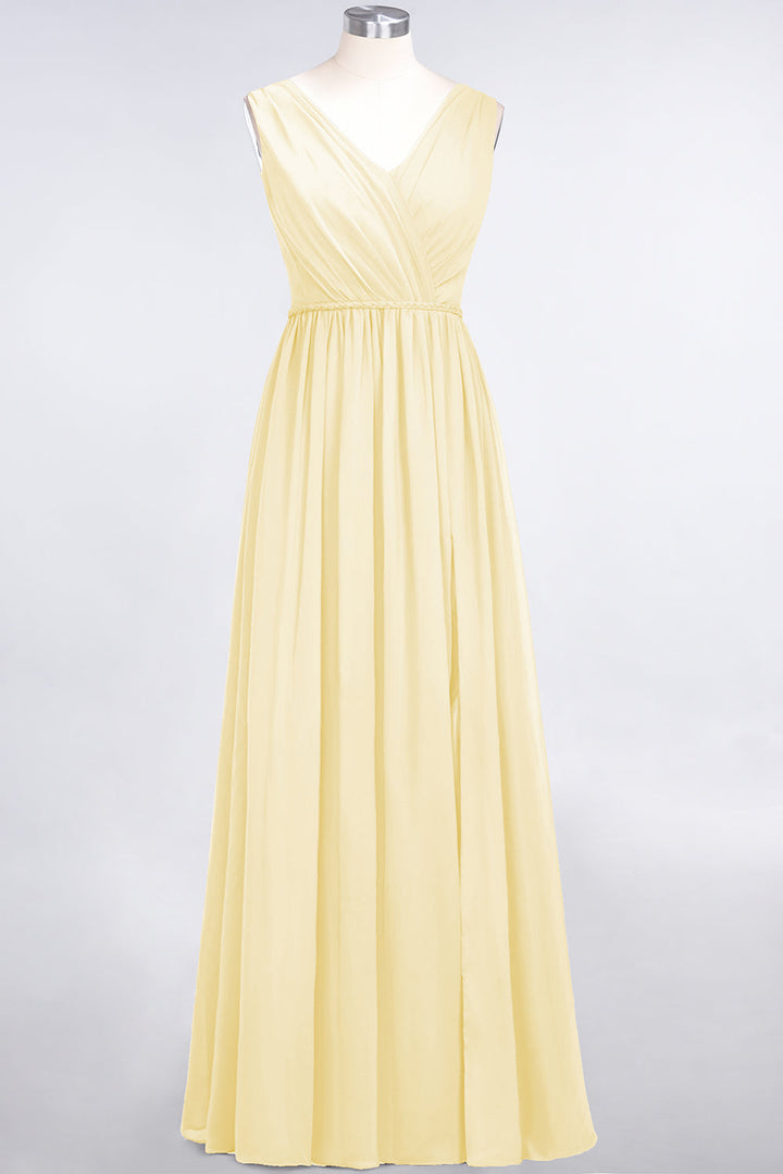 A-line V-Neck Ruched Chiffon Floor-Length Dress with Front Slit-koscy