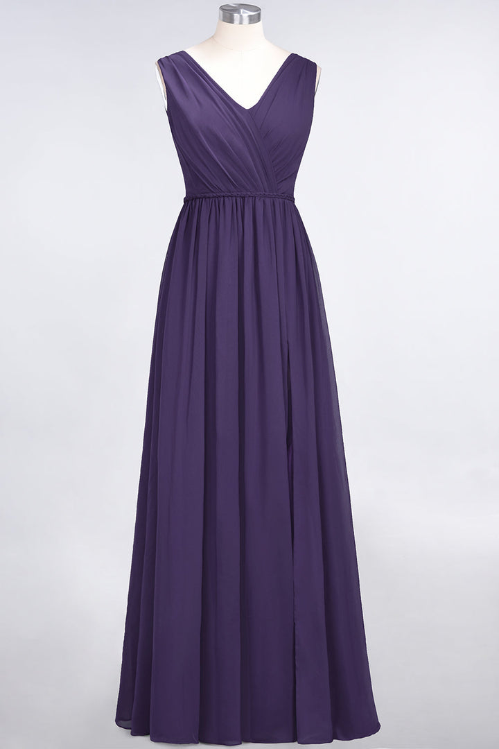 A-line V-Neck Ruched Chiffon Floor-Length Dress with Front Slit-koscy