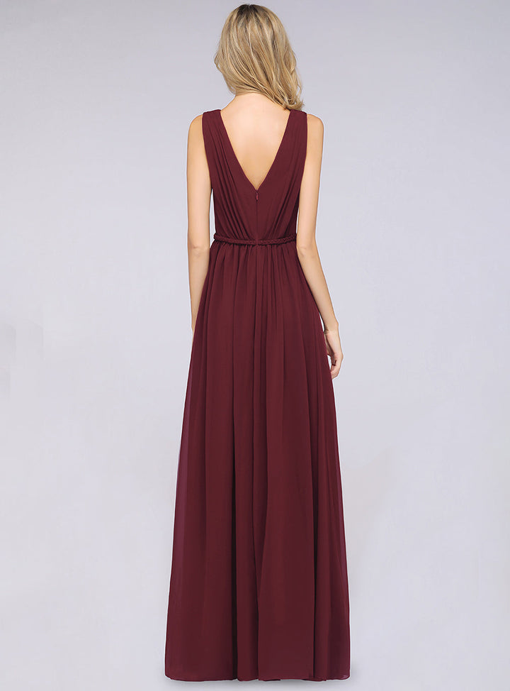 A-line V-Neck Ruched Chiffon Floor-Length Dress with Front Slit-koscy