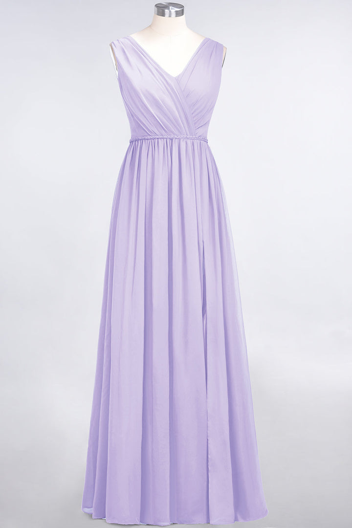 A-line V-Neck Ruched Chiffon Floor-Length Dress with Front Slit-koscy