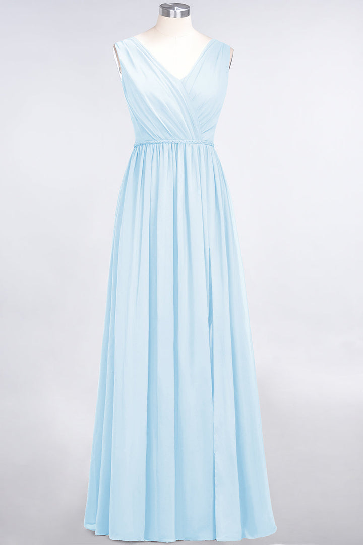 A-line V-Neck Ruched Chiffon Floor-Length Dress with Front Slit-koscy