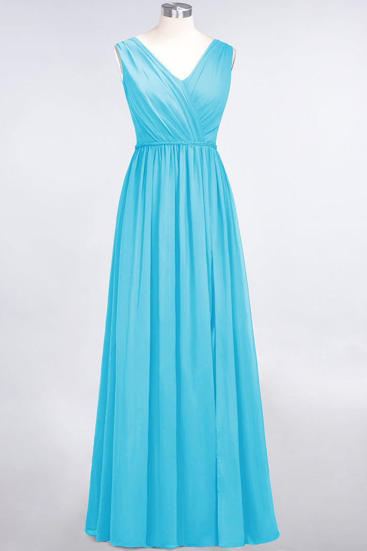 A-line V-Neck Ruched Chiffon Floor-Length Dress with Front Slit-koscy