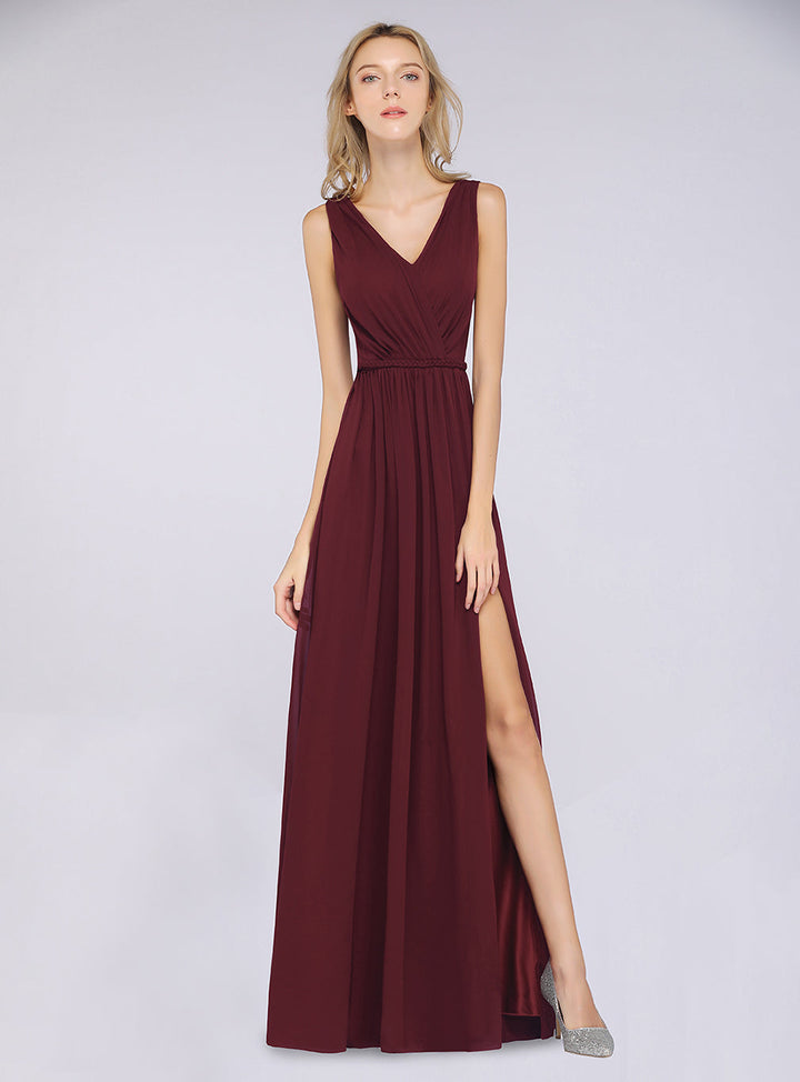 A-line V-Neck Ruched Chiffon Floor-Length Dress with Front Slit-koscy