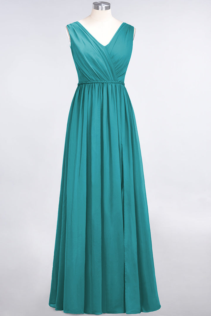 A-line V-Neck Ruched Chiffon Floor-Length Dress with Front Slit-koscy