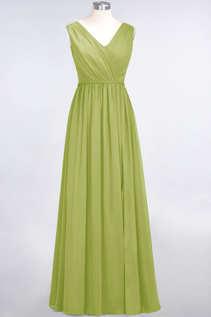 A-line V-Neck Ruched Chiffon Floor-Length Dress with Front Slit-koscy