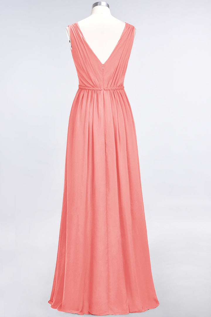 A-line V-Neck Ruched Chiffon Floor-Length Dress with Front Slit-koscy