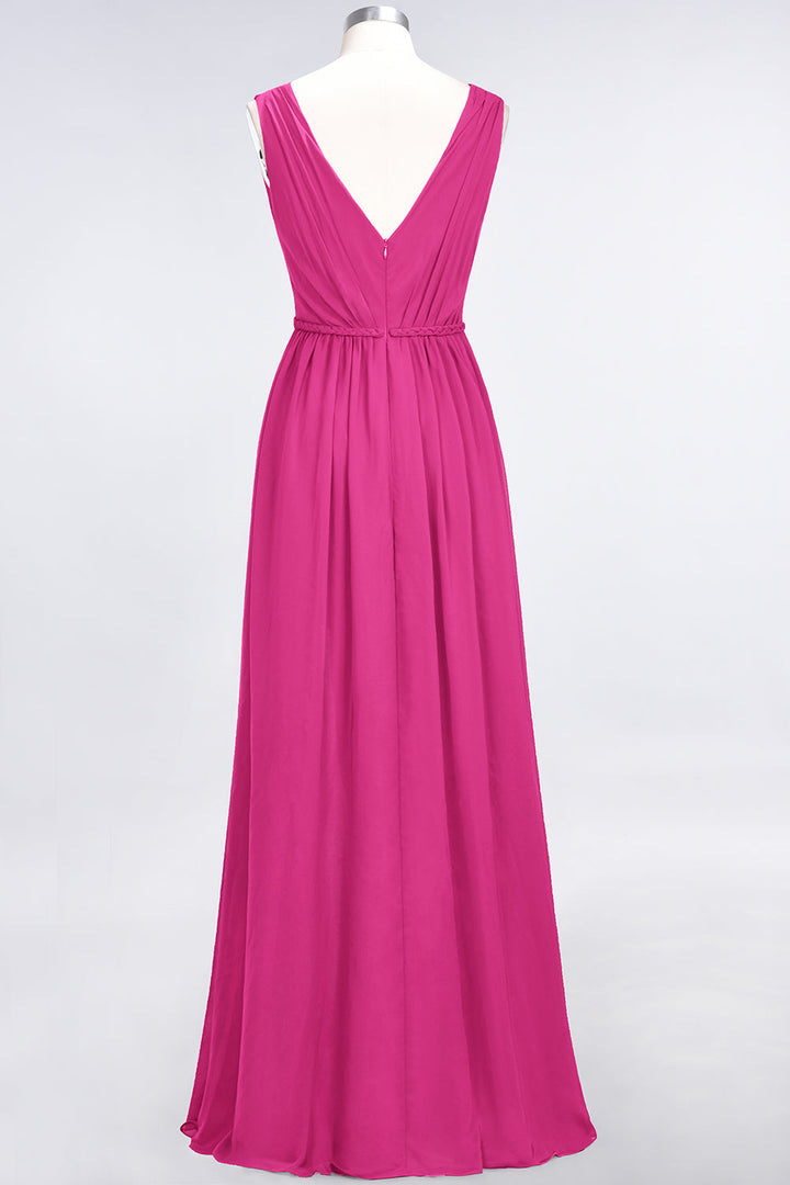 A-line V-Neck Ruched Chiffon Floor-Length Dress with Front Slit-koscy