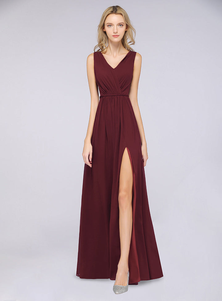 A-line V-Neck Ruched Chiffon Floor-Length Dress with Front Slit-koscy