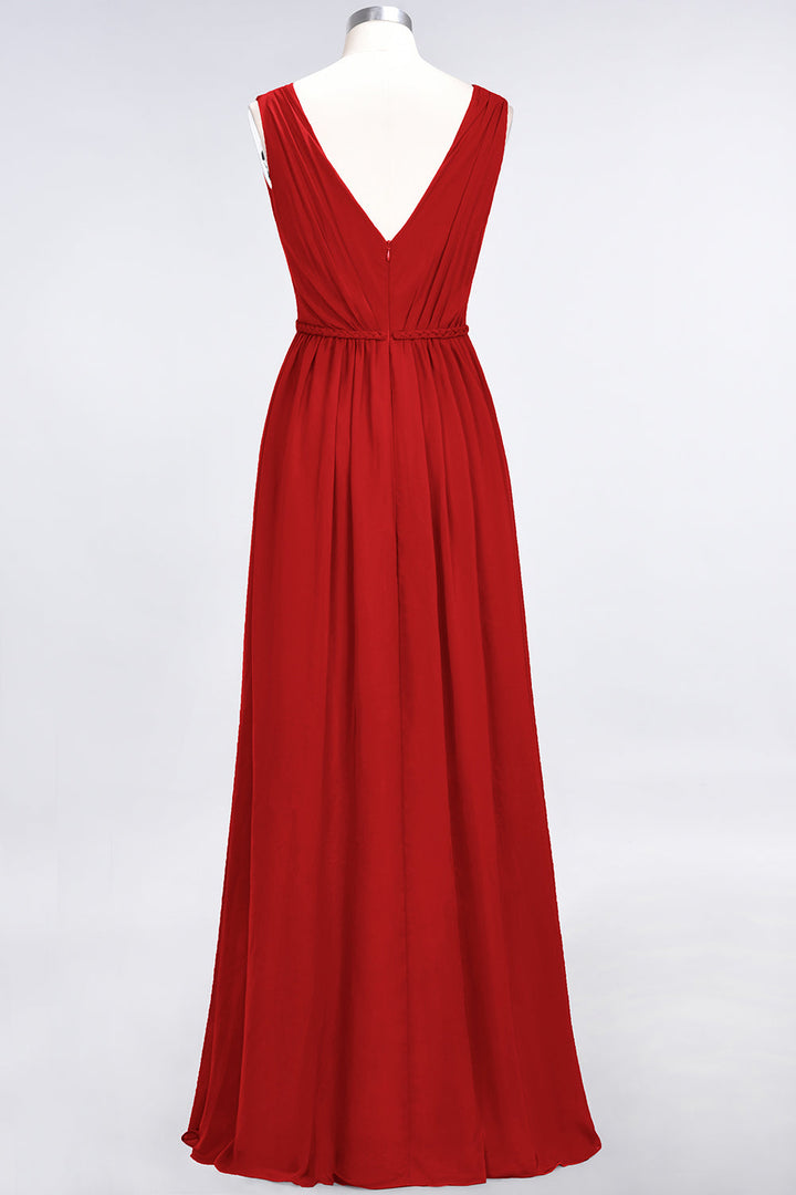 A-line V-Neck Ruched Chiffon Floor-Length Dress with Front Slit-koscy