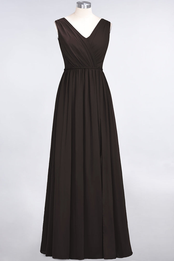 A-line V-Neck Ruched Chiffon Floor-Length Dress with Front Slit-koscy