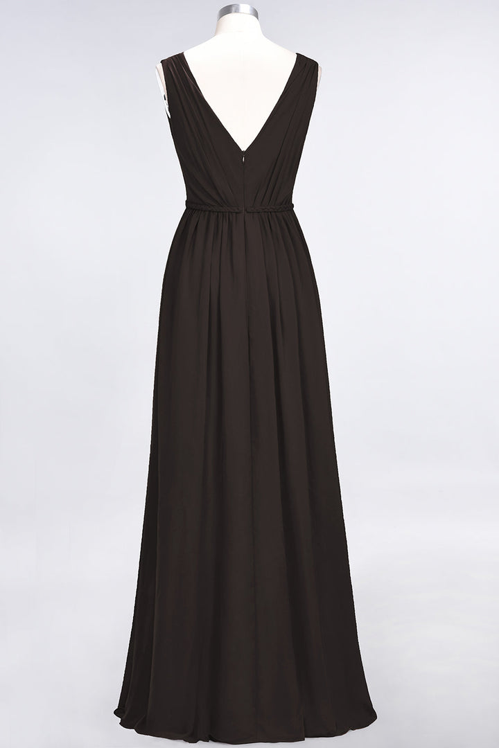 A-line V-Neck Ruched Chiffon Floor-Length Dress with Front Slit-koscy