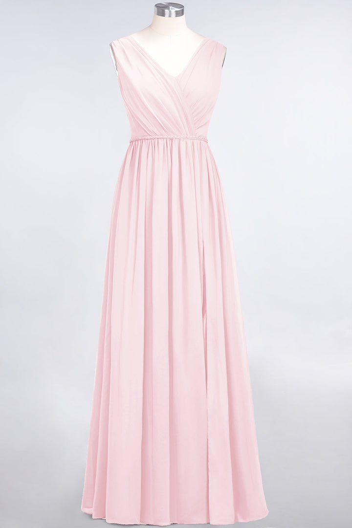 A-line V-Neck Ruched Chiffon Floor-Length Dress with Front Slit-koscy