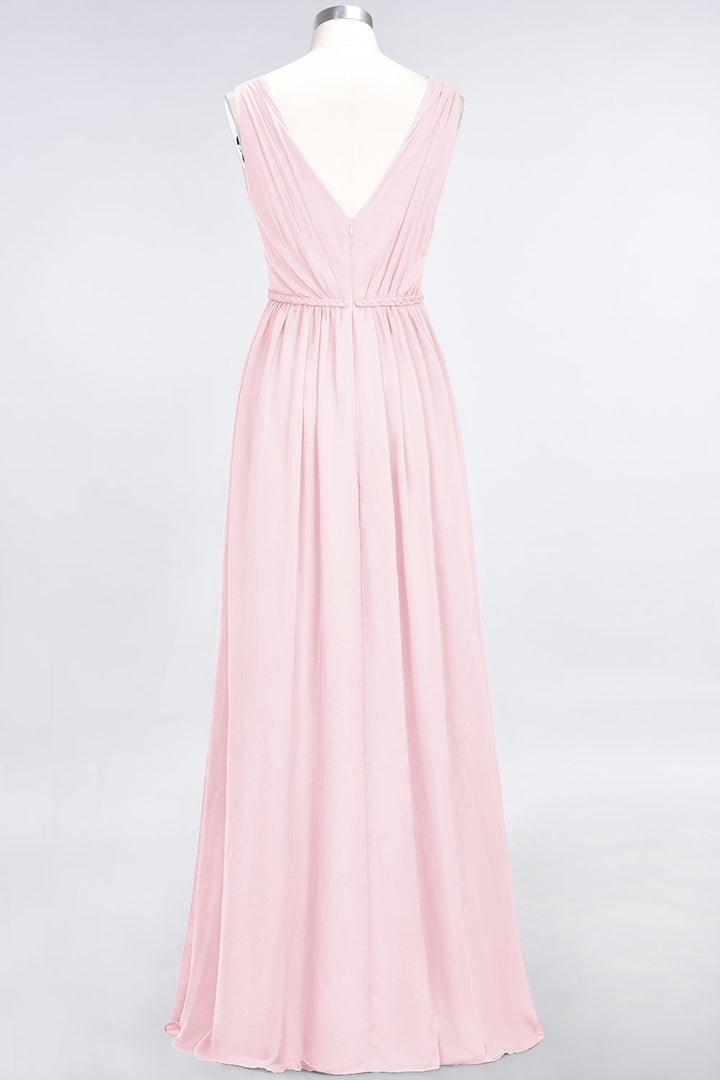 A-line V-Neck Ruched Chiffon Floor-Length Dress with Front Slit-koscy