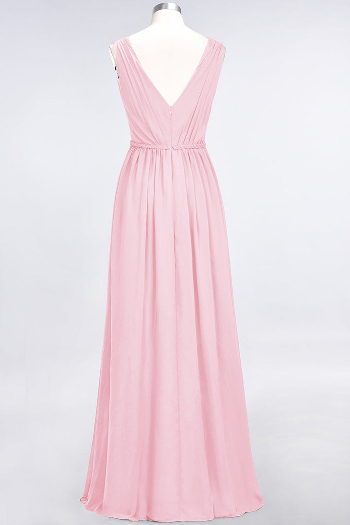 A-line V-Neck Ruched Chiffon Floor-Length Dress with Front Slit-koscy