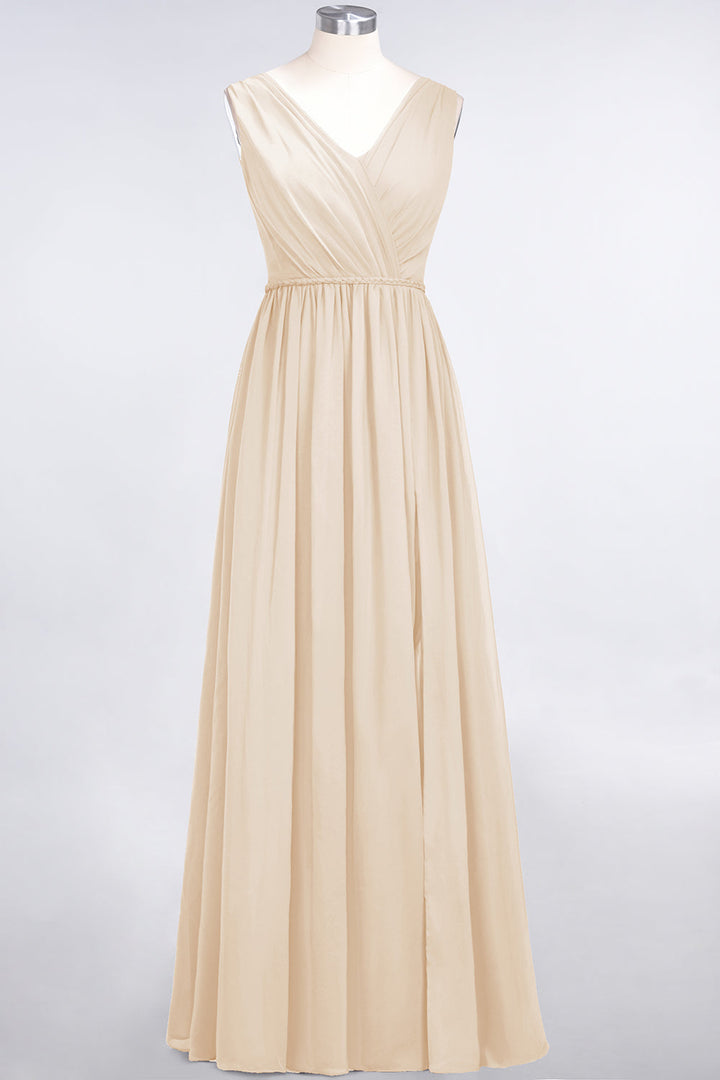 A-line V-Neck Ruched Chiffon Floor-Length Dress with Front Slit-koscy