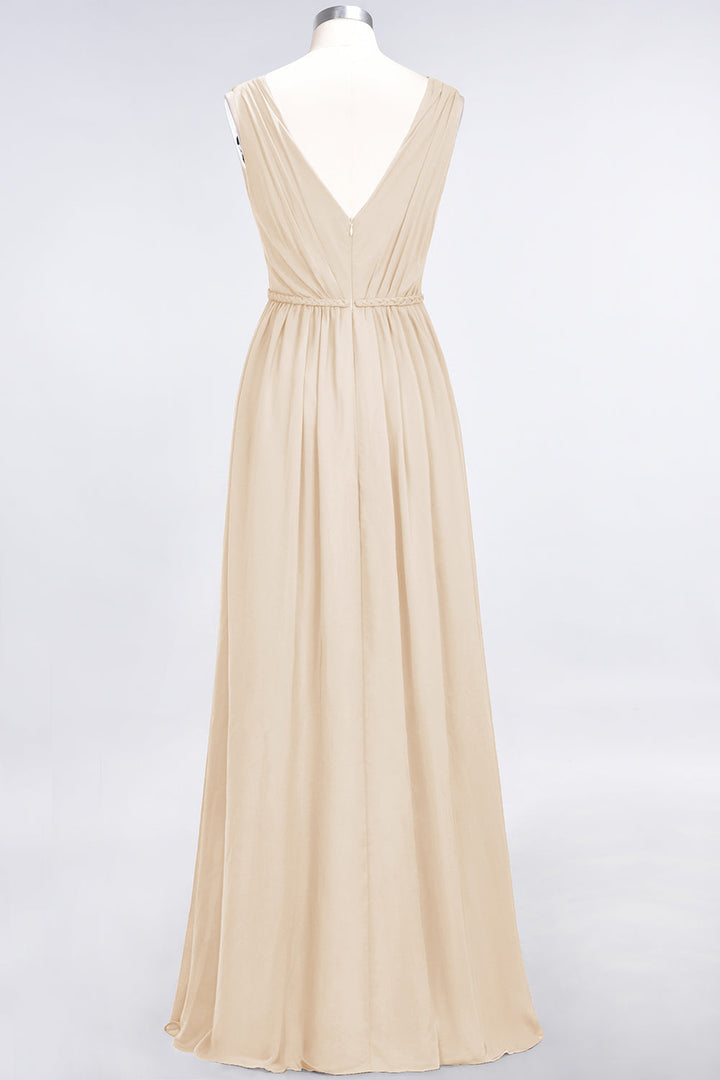 A-line V-Neck Ruched Chiffon Floor-Length Dress with Front Slit-koscy