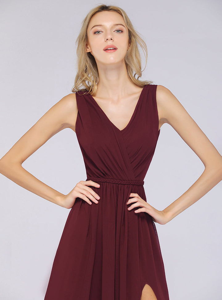 A-line V-Neck Ruched Chiffon Floor-Length Dress with Front Slit-koscy