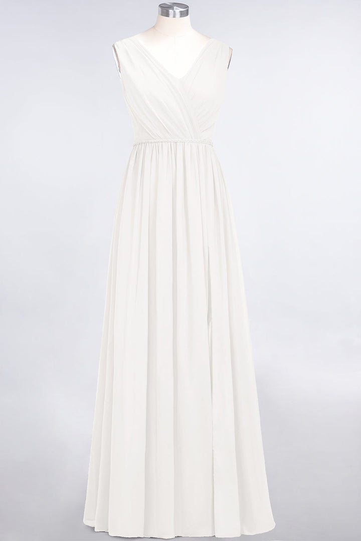 A-line V-Neck Ruched Chiffon Floor-Length Dress with Front Slit-koscy