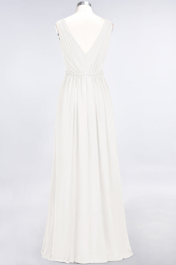 A-line V-Neck Ruched Chiffon Floor-Length Dress with Front Slit-koscy