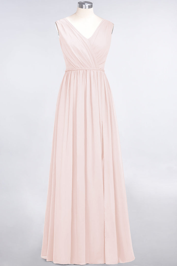 A-line V-Neck Ruched Chiffon Floor-Length Dress with Front Slit-koscy