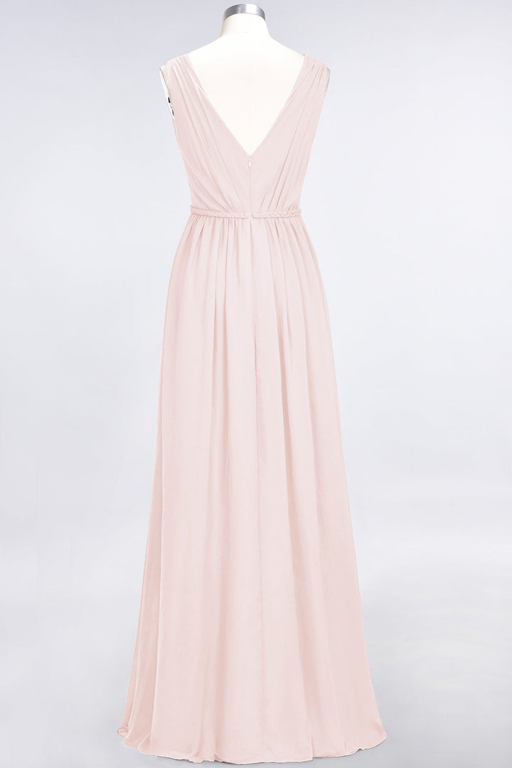 A-line V-Neck Ruched Chiffon Floor-Length Dress with Front Slit-koscy