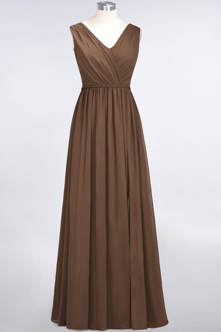 A-line V-Neck Ruched Chiffon Floor-Length Dress with Front Slit-koscy