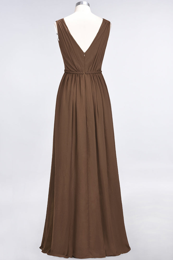 A-line V-Neck Ruched Chiffon Floor-Length Dress with Front Slit-koscy