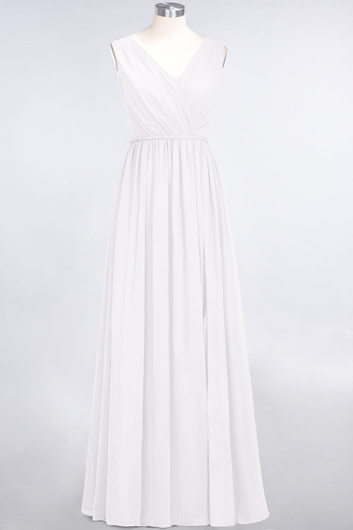 A-line V-Neck Ruched Chiffon Floor-Length Dress with Front Slit-koscy