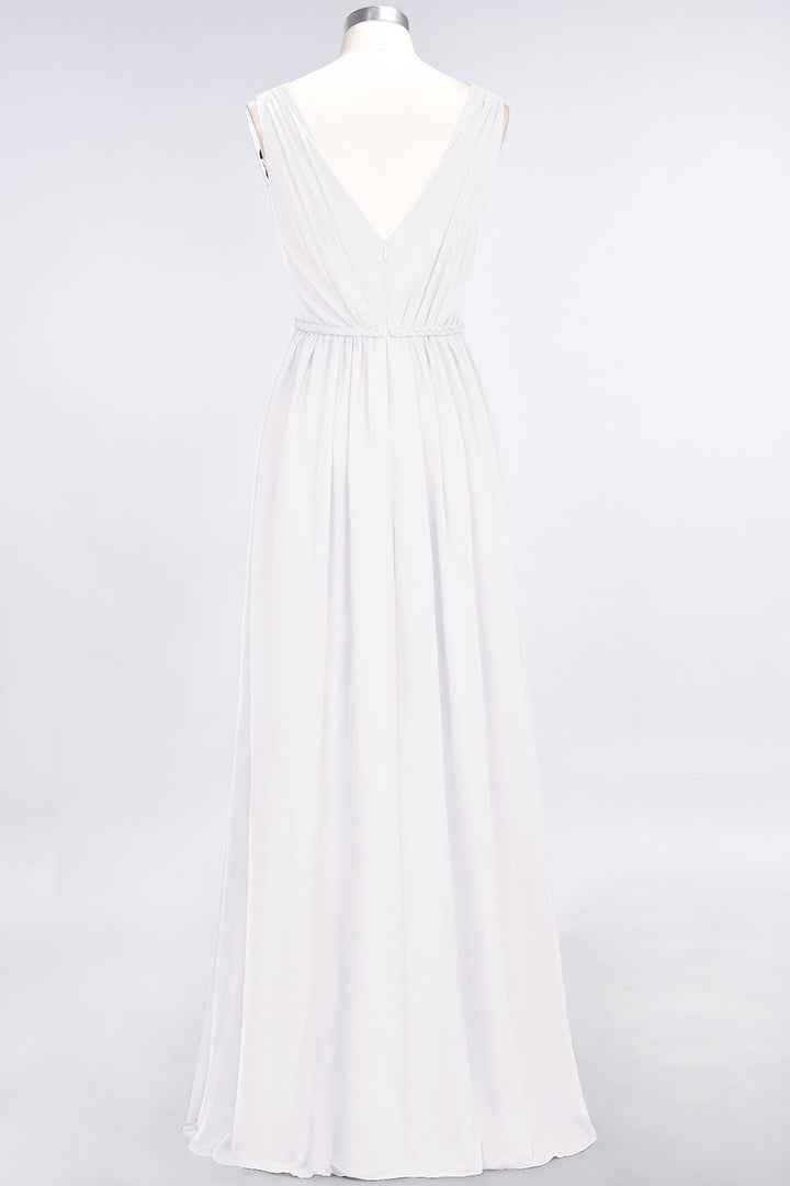 A-line V-Neck Ruched Chiffon Floor-Length Dress with Front Slit-koscy