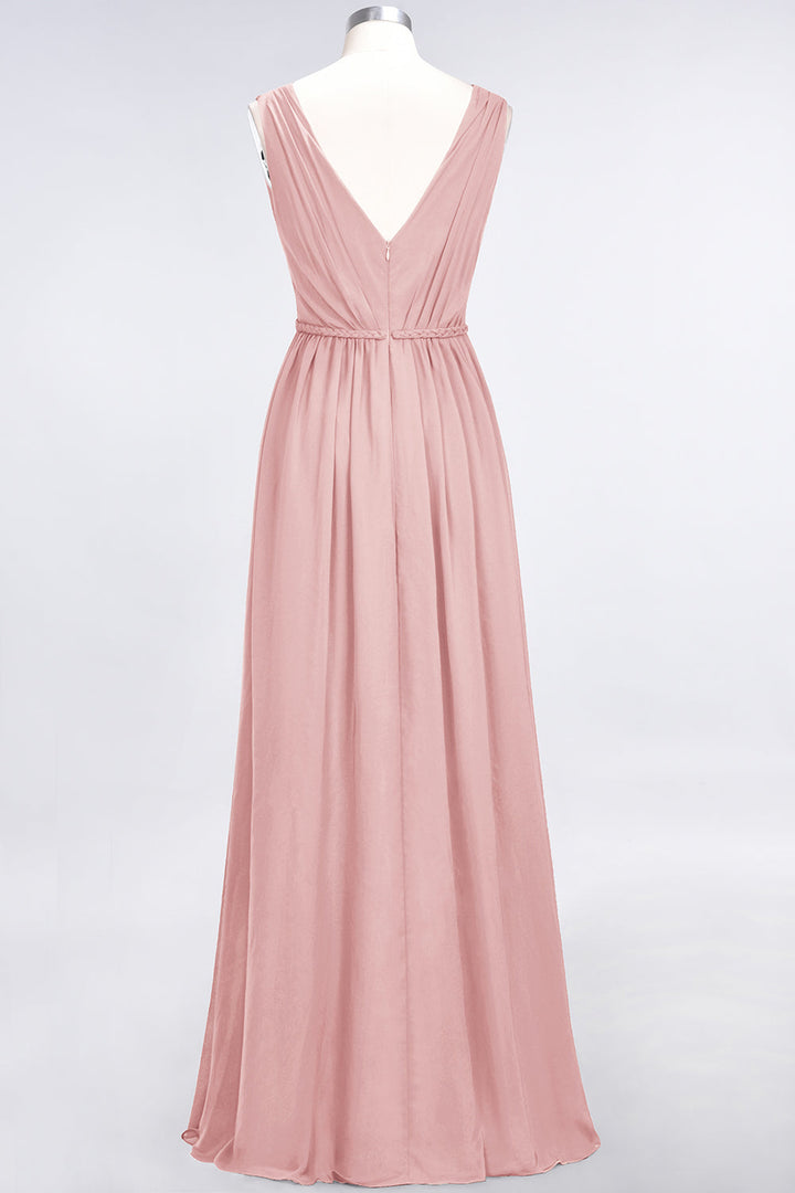 A-line V-Neck Ruched Chiffon Floor-Length Dress with Front Slit-koscy