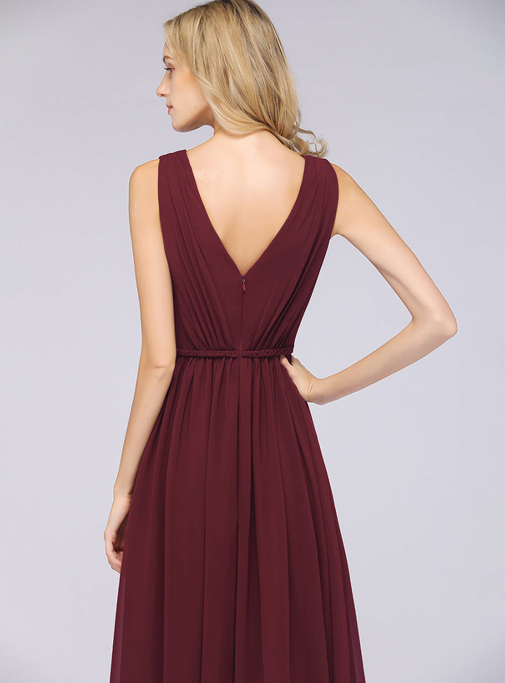 A-line V-Neck Ruched Chiffon Floor-Length Dress with Front Slit-koscy