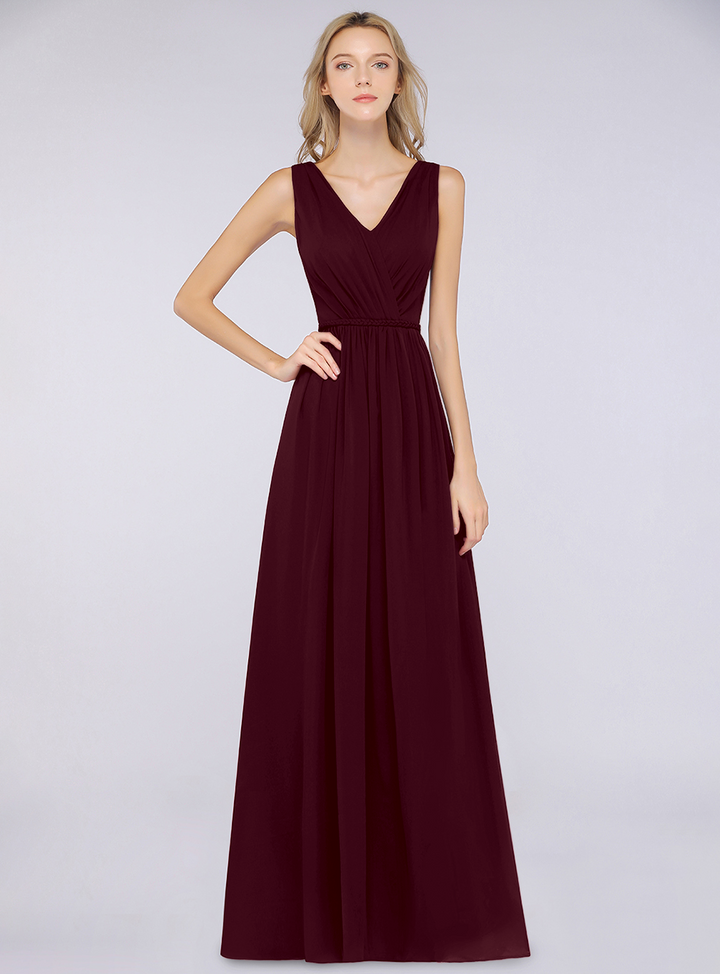 A-line V-Neck Ruched Chiffon Floor-Length Dress with Front Slit-koscy