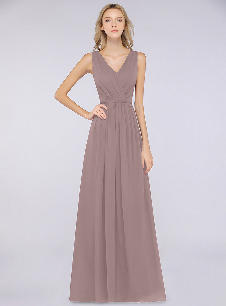 A-line V-Neck Ruched Chiffon Floor-Length Dress with Front Slit-koscy