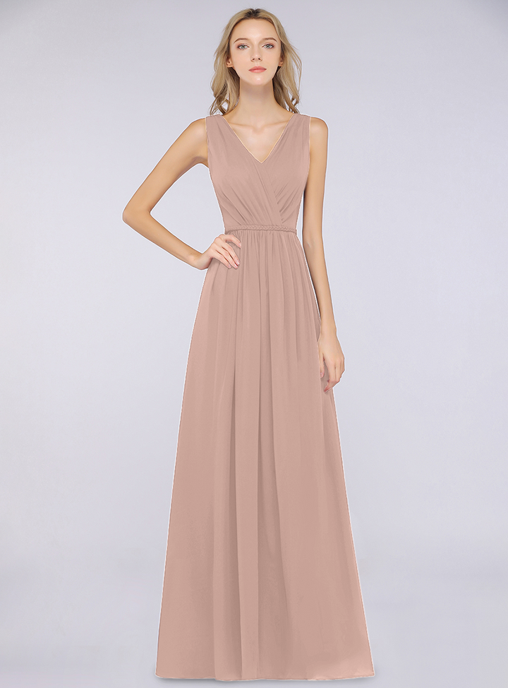 A-line V-Neck Ruched Chiffon Floor-Length Dress with Front Slit-koscy