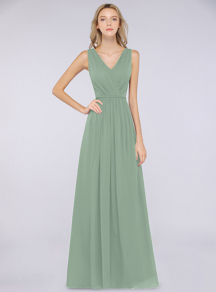 A-line V-Neck Ruched Chiffon Floor-Length Dress with Front Slit-koscy