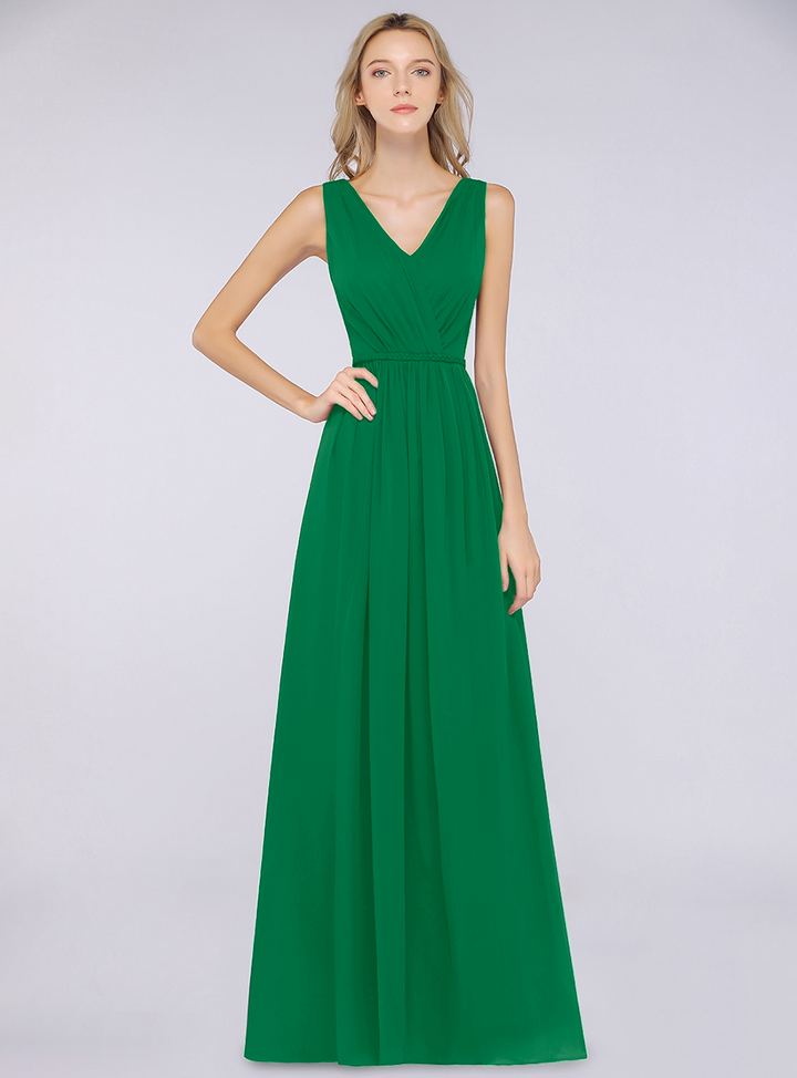 A-line V-Neck Ruched Chiffon Floor-Length Dress with Front Slit-koscy