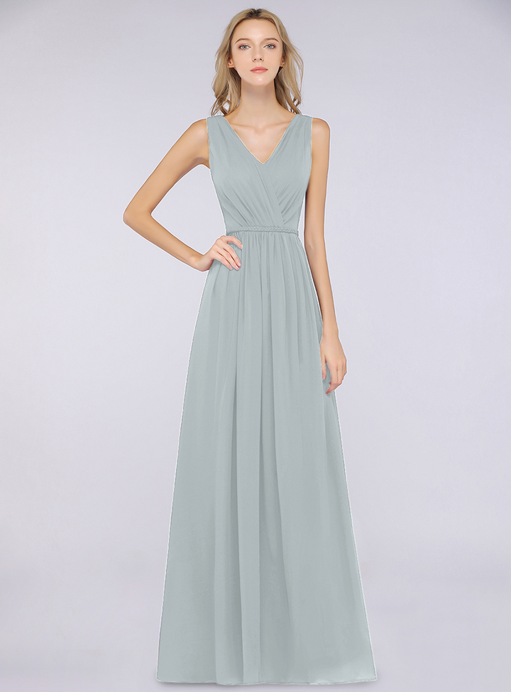 A-line V-Neck Ruched Chiffon Floor-Length Dress with Front Slit-koscy