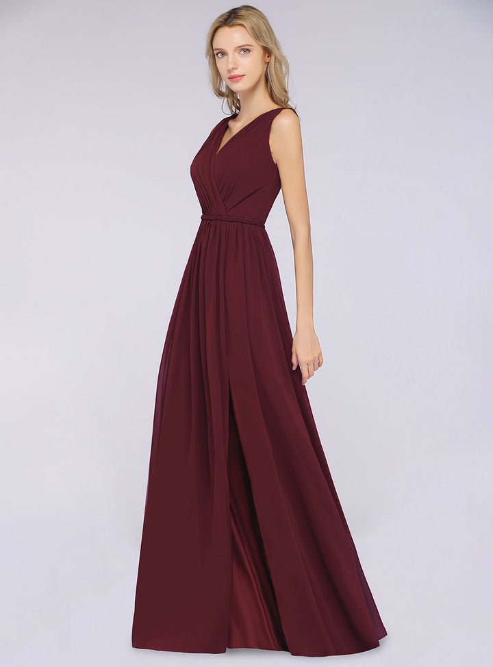 A-line V-Neck Ruched Chiffon Floor-Length Dress with Front Slit-koscy