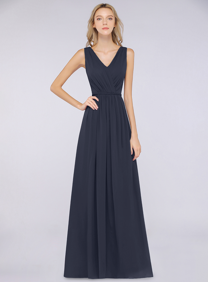 A-line V-Neck Ruched Chiffon Floor-Length Dress with Front Slit-koscy