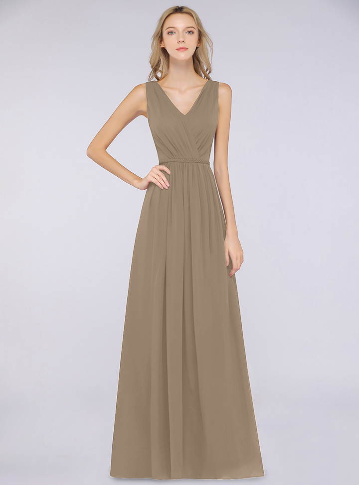 A-line V-Neck Ruched Chiffon Floor-Length Dress with Front Slit-koscy