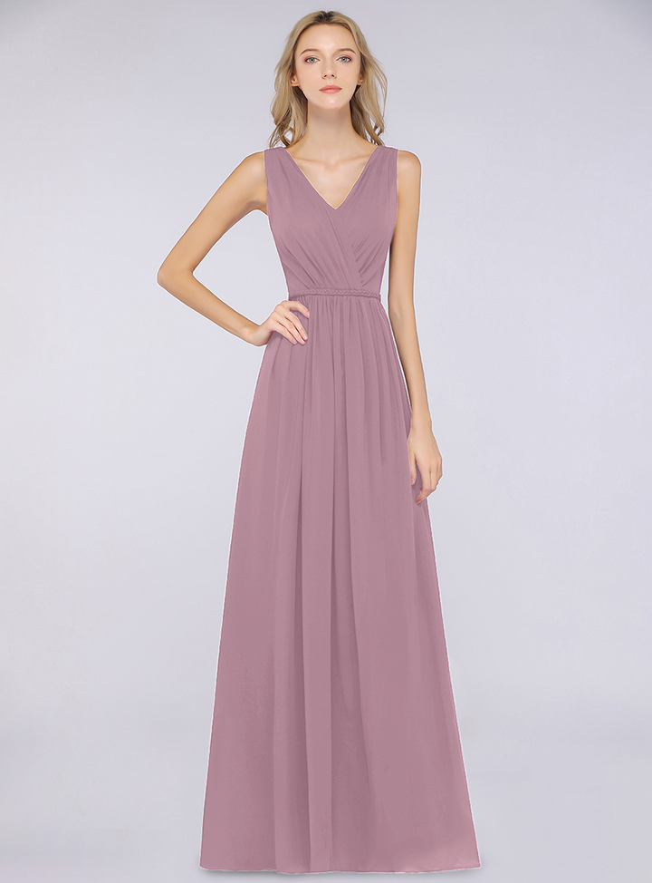 A-line V-Neck Ruched Chiffon Floor-Length Dress with Front Slit-koscy